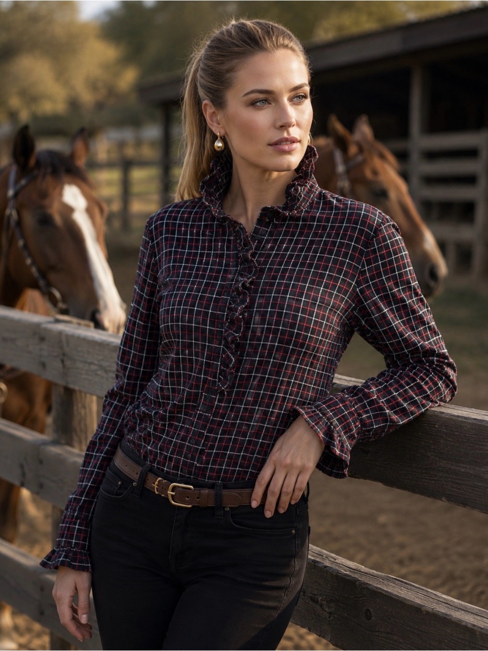 Ralph Lauren Flannel Black and Red Plaid Ruffle Shirt